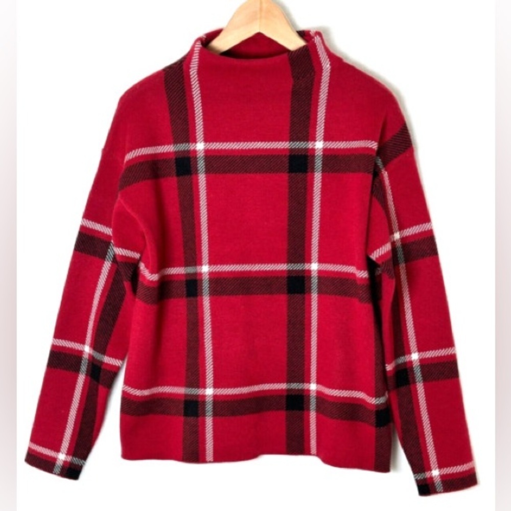 Tahari Women Sweater Large Red Plaid Knit Long Sleeve Mock Neck